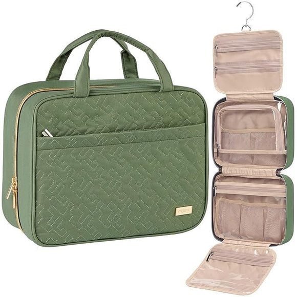 Green Large Capacity Hanging Toiletry Bag for Women(30.5 x 22.5 x 12 cm) - Checked Pattern Waterproof Cosmetic Organizer, Dry/Wet Separation & Multi - Compartment - RnR Galore