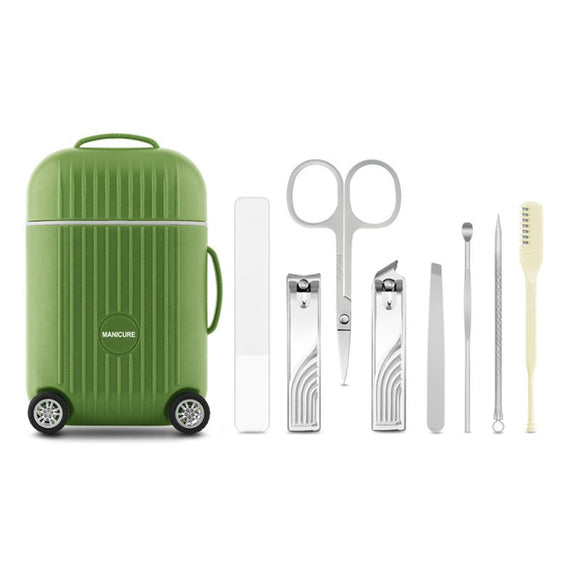 Green Mini Suitcase Manicure Set - 8 - Piece Portable Grooming & Nail Care Travel Kit - RnR Galore