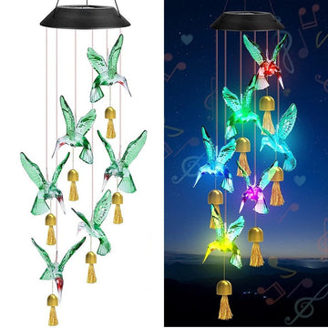 Green Solar Powered Hummingbird Wind Chime(With bell) - Color - Changing LED Hanging Garden Light Outdoor Decor - RnR Galore
