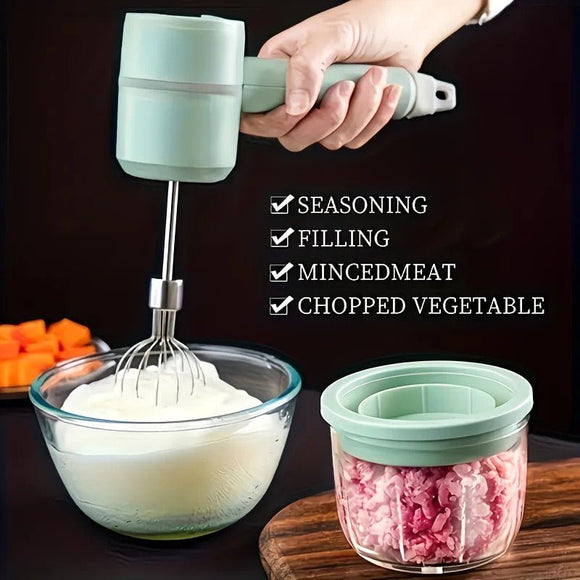 Green Wireless charging handheld mixer, 30W with three - speed settings. Dual whisk heads designed for whipping eggs, cream, and batter. Suitable for both kitchen and outdoor use, also an ideal gift. - RnR Galore