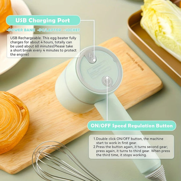 Green Wireless charging handheld mixer, 30W with three - speed settings. Dual whisk heads designed for whipping eggs, cream, and batter. Suitable for both kitchen and outdoor use, also an ideal gift. - RnR Galore
