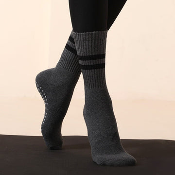 Grey (3 - Pack) Unisex Striped Non - Slip Grip Socks - Cotton Crew Socks for Yoga, Pilates & Home Workouts - RnR Galore