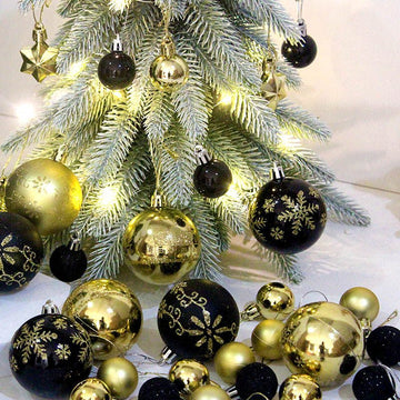 Grey and champagne gold 44 - Piece Assorted Christmas Baubles Set with Elegant Designs in Wooden Gift Box - 3 - 6cm Decorative Ornaments for Tree, Home & Holiday Display - RnR Galore