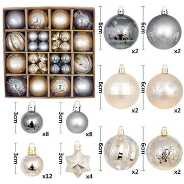 Grey and champagne gold 44 - Piece Assorted Christmas Baubles Set with Elegant Designs in Wooden Gift Box - 3 - 6cm Decorative Ornaments for Tree, Home & Holiday Display - RnR Galore