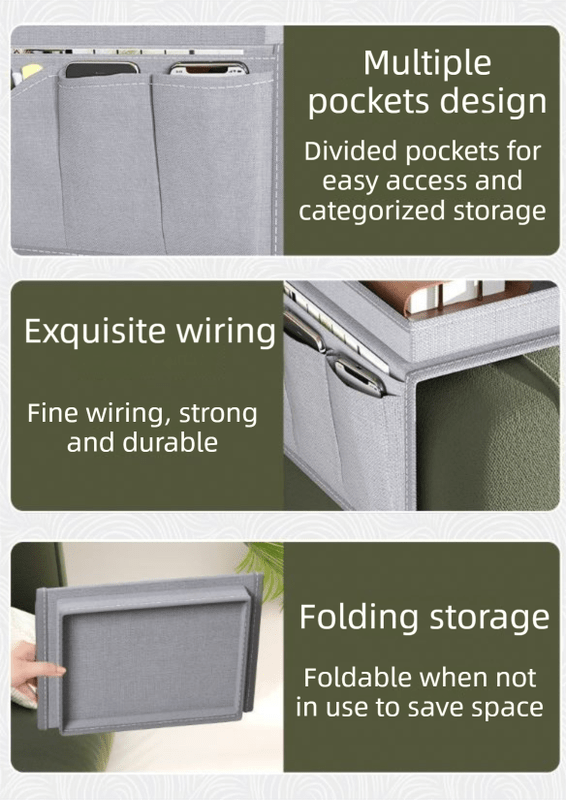 Grey Foldable Sofa Armrest Organizer With 3 - Zones - 20kg Load Capacity, Thickended Oxford Cloth Storage Bag for Dorms, Cars & Living Rooms - RnR Galore