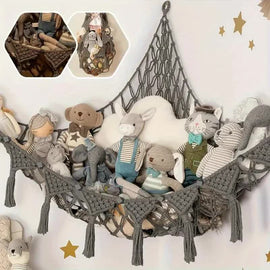 Grey Triangle Woven Plush Toy Corner Organizer (105x105x145cm) with octagonal beads and installation kit - Hand - woven cotton mesh toy storage hammock - RnR Galore