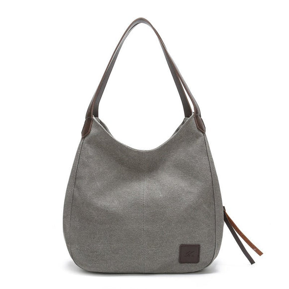 Grey Women's Canvas Hobo Handbag Multi - Compartment Shoulder Tote Bag Minimalist Casual Purse 30cm for Work Shopping & Travel - RnR Galore
