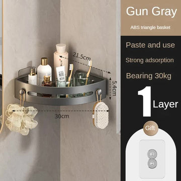 Gun grey Premium No - Drill Corner Shower Caddy - Thickened ABS Bathroom Storage Shelf with Hooks, Quick Wall Mount Organiser - RnR Galore