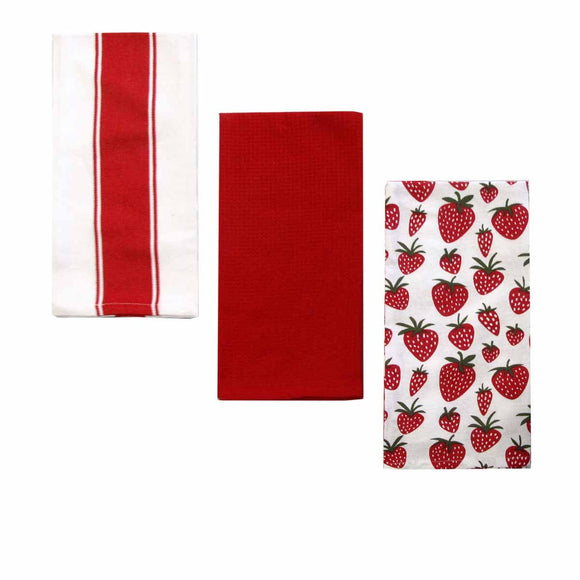 Home Oasis Set of 3 Printed Cotton Rich Tea Towels 50 x 70 cm Strawberry Red - RnR Galore
