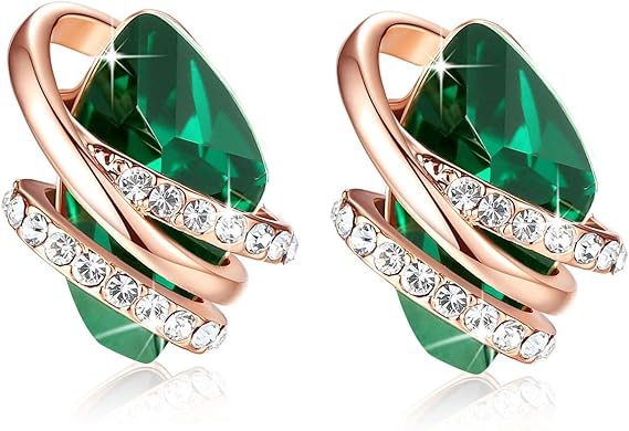 Infinity Love Heart Birthstone Earrings for Women, Crystal Stud Earrings with Healing Stones, Allergy - Free Jewelry for Women with Gift Box, Silver - tone Birthstone Crystals Earrings - 05 - May Birthstone - Emerald Green - RnR Galore