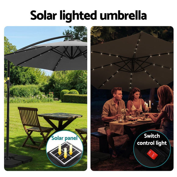 Instahut Outdoor Umbrella 3M Cantilever Beach LED Base Garden Sun Patio Charcoal - RnR Galore