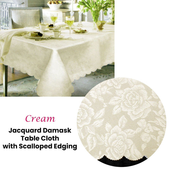 Jacquard Damask Design with Scalloped Edging Table Cloth Cream 140 x 180 cm - RnR Galore