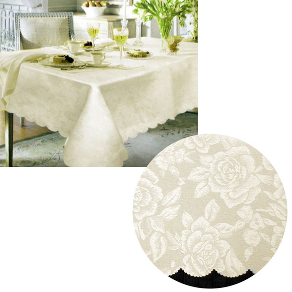 Jacquard Damask Design with Scalloped Edging Table Cloth Cream 150 x 220 cm - RnR Galore