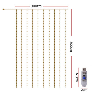 Jingle Jollys 3X3M Christmas Lights Curtain String Light 300 LED Warm White - RnR Galore