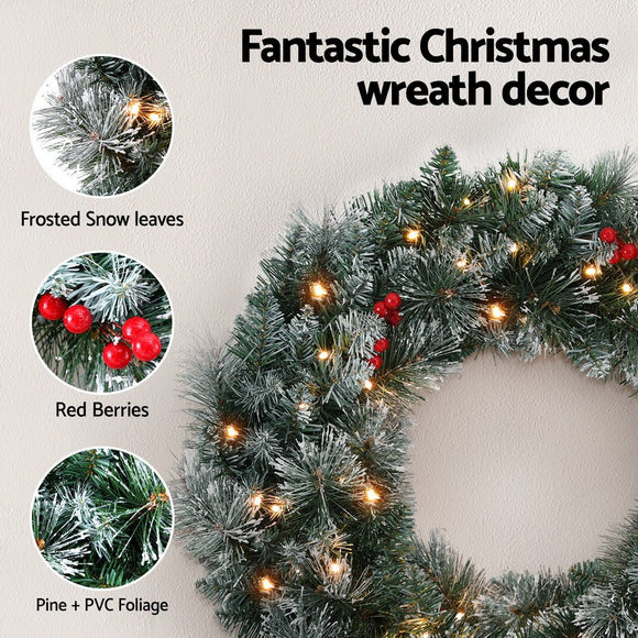 Jingle Jollys 60cm Christmas Wreath LED Lights Snowy Berries Garland Party Decor - RnR Galore