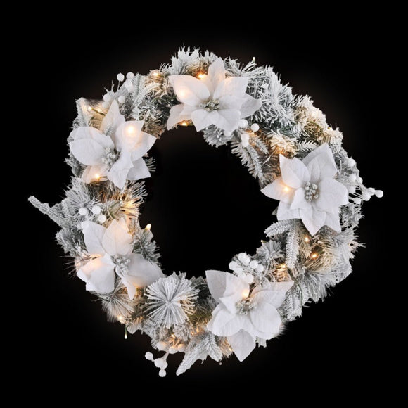 Jingle Jollys 60cm Christmas Wreath LED Lights Snowy Flowers Garland Party Decor - RnR Galore
