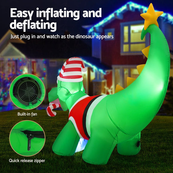 Jingle Jollys Christmas Inflatable Dinosaur 1.86M Height LED Decorations Illuminated - RnR Galore