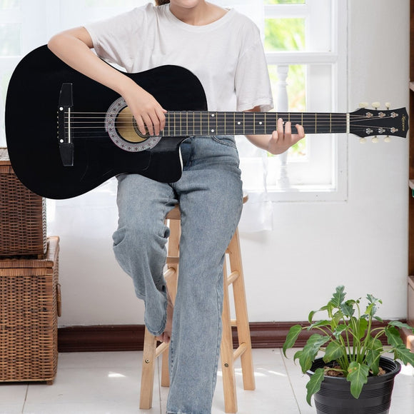 Karrera 38in Pro Cutaway Acoustic Guitar with Carry Bag - Black - RnR Galore
