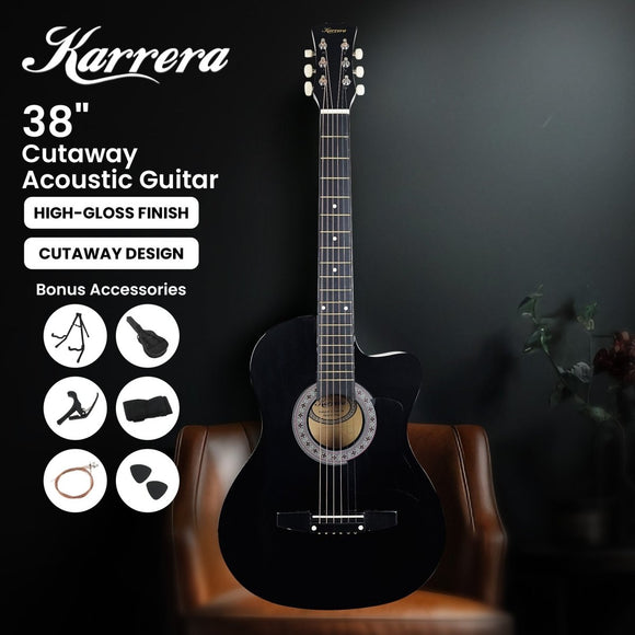 Karrera 38in Pro Cutaway Acoustic Guitar with Carry Bag - Black - RnR Galore