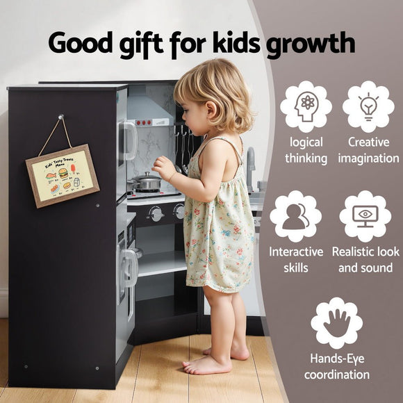 Keezi Kids Kitchen Play Set Wooden Pretend Cooking Playset w/Sounds Lights Black - RnR Galore