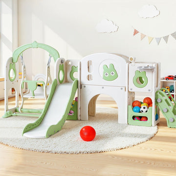 Keezi Kids Slide Swing Set Basketball Hoop Ring Football Outdoor Toys 140cm Green - RnR Galore