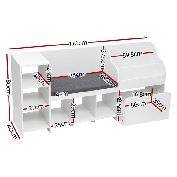 Keezi Kids Storage Unit Bookshelf Toy Box Organiser Bench Seat Cabinet 170cm White - RnR Galore