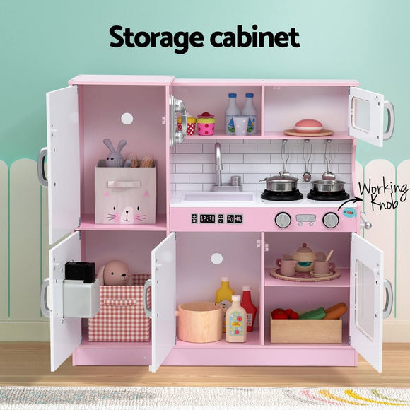 Keezi Kids Wooden Pretend Kitchen Play Set Cooking Toys Pot Ice Cup Oven Blackboard 80CM Pink - RnR Galore