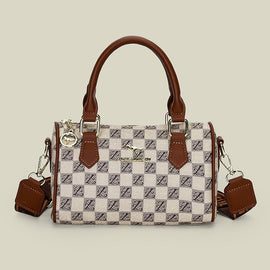 Khaki checkered pattern Stylish PU Leather Boston Bag - Elegant Retro Single Shoulder Crossbody Handbag for Women - RnR Galore