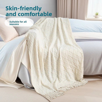 Khaki Nordic Knitted Throw Blanket with Tassels 130x230cm Soft Acrylic Diamond Pattern Sofa Cover Bed Runner and Travel Blanket - RnR Galore