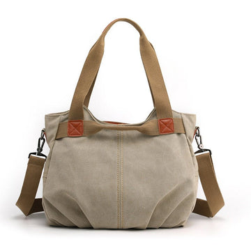 Khaki Women's Retro Canvas Tote Bag Large Capacity Shoulder Handbag Adjustable Crossbody Strap 35cm for Travel Work & Daily Use - RnR Galore