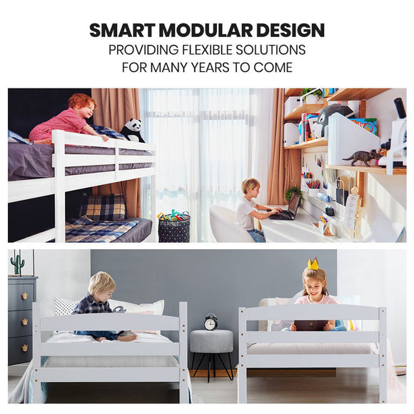 KINGSTON SLUMBER Single Bunk Bed Frame, Solid Pine 2 - in - 1 Modular Design, White - RnR Galore