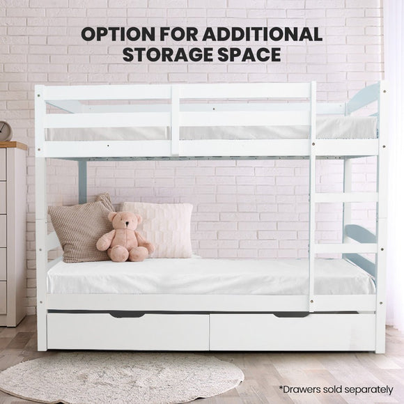KINGSTON SLUMBER Single Bunk Bed Frame, Solid Pine 2 - in - 1 Modular Design, White - RnR Galore