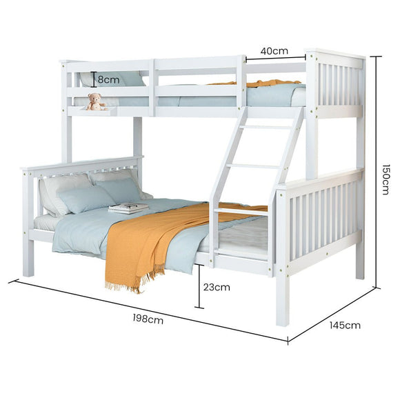 Kingston Slumber Single Over Double Wooden Bunk Bed Frame, Triple Solid Pine 2 - in - 1 Modular Design, Converts to 2 Beds, For Kids, White - RnR Galore