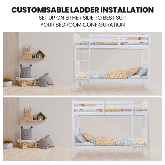 Kingston Slumber Wooden Kids Bunk Bed Frame, with Modular Design that can convert to 2 Single, White - RnR Galore
