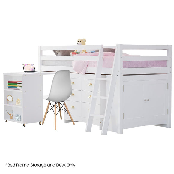 KINGSTON SLUMBER Wooden Kids Single Loft Bed Frame with Pull Out Desk, Storage Drawers, Cabinet - White - RnR Galore