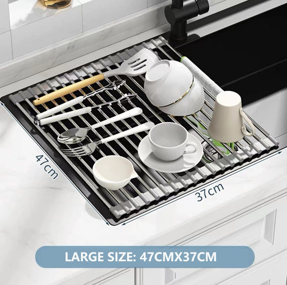 Kitchen Roll - Up Dish Drying Rack Foldable Drainer Over Sink 304 - Stainless Steel(Large:47*37cm) - RnR Galore