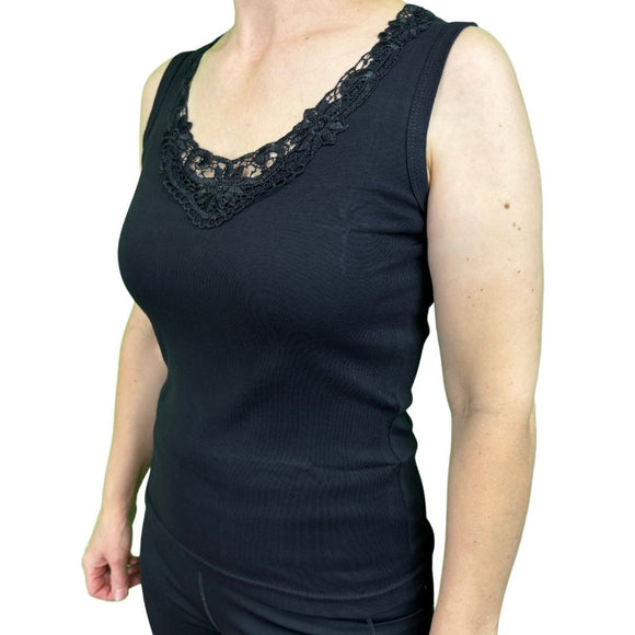 Ladies Sleeveless Singlet Top Womens Summer Basic Tank Shirt Lace Motif Front - Black - 12 - 14 - RnR Galore