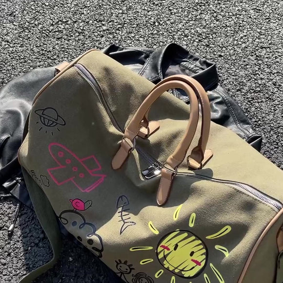 Large Capacity Canvas Travel Duffel Bag with Doodle Print - Weekend & Gym Tote(black) - RnR Galore