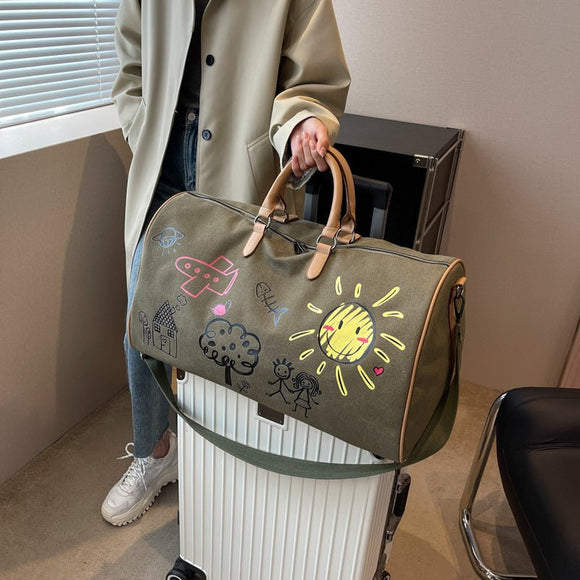 Large Capacity Canvas Travel Duffel Bag with Doodle Print - Weekend & Gym Tote(black) - RnR Galore