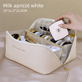 Large Capacity Travel Cosmetic Bag Portable PU Leather Pillow Pouch Waterproof Make Up Organiser Toiletry Case with Handle Apricot White - RnR Galore