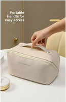 Large Capacity Travel Cosmetic Bag Portable PU Leather Pillow Pouch Waterproof Make Up Organiser Toiletry Case with Handle Apricot White - RnR Galore