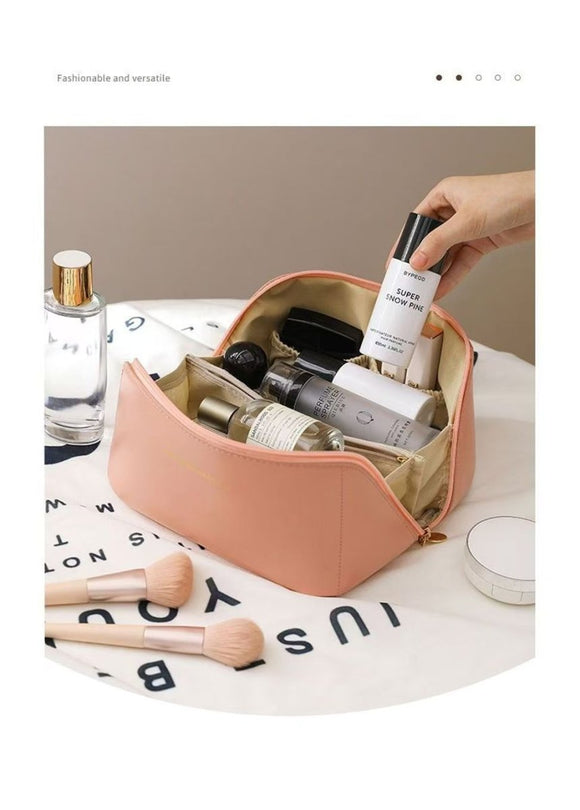Large Capacity Travel Cosmetic Bag Portable PU Leather Pillow Pouch Waterproof Make Up Organiser Toiletry Case with Handle Apricot White - RnR Galore