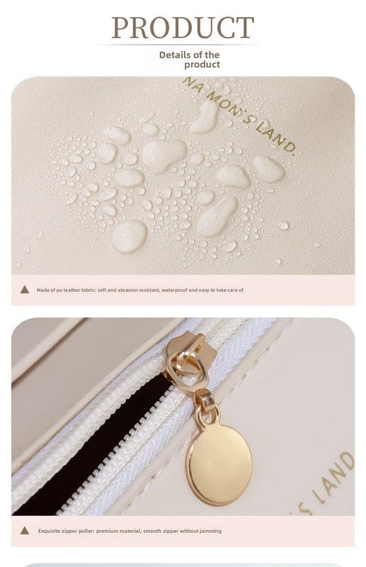Large Capacity Travel Cosmetic Bag Portable PU Leather Pillow Pouch Waterproof Make Up Organiser Toiletry Case with Handle Apricot White - RnR Galore