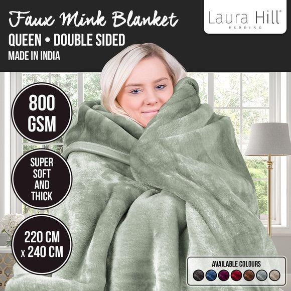 Laura Hill 800 - GSM Mink Blanket Queen Size Double - Sided Soft Plush Bed Faux Throw Rug 220 X 240cm Heavy Sage - RnR Galore