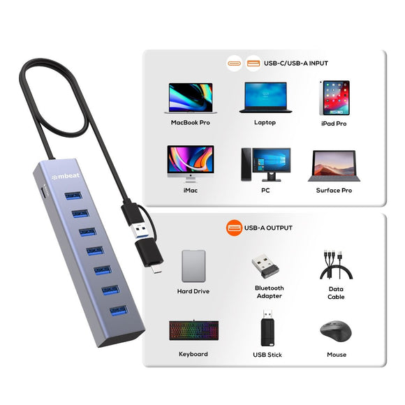 mbeat 7 - Port USB Hub with Dual USB - A & USB - C Connector - RnR Galore