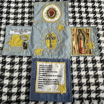 Mini Handcrafted Catholic Pocket Shrine – Foldable Prayer Altar with Silver Cross, Religious Art & Embroidered Prayers, Portable Faith Companion, 6.5 x 5.5 Inches (Blue) - RnR Galore