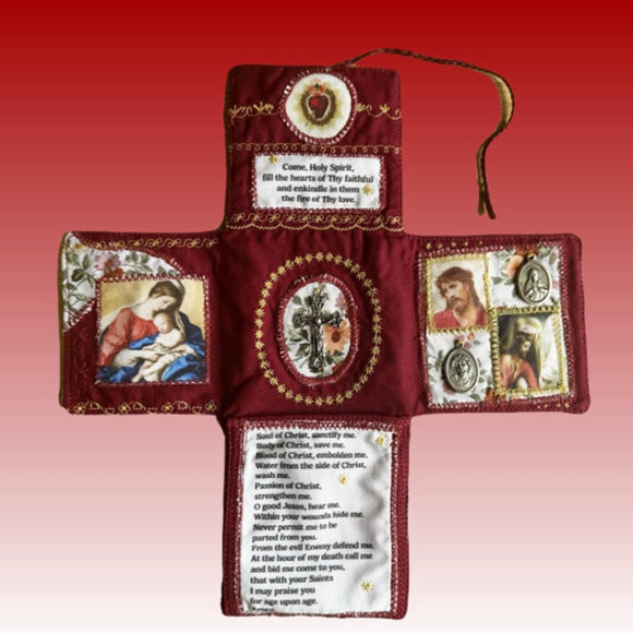 Mini Handcrafted Catholic Pocket Shrine – Foldable Prayer Altar with Silver Cross, Religious Art & Embroidered Prayers, Portable Faith Companion, 6.5 x 5.5 Inches (Blue) - RnR Galore