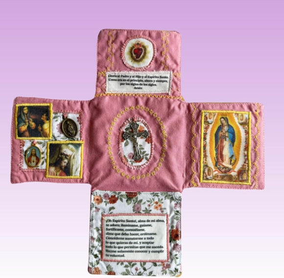 Mini Handcrafted Catholic Pocket Shrine – Foldable Prayer Altar with Silver Cross, Religious Art & Embroidered Prayers, Portable Faith Companion, 6.5 x 5.5 Inches (Blue) - RnR Galore