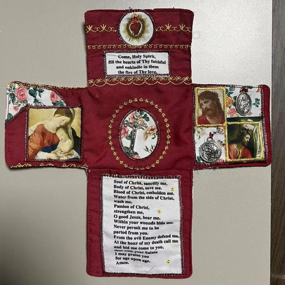 Mini Handcrafted Catholic Pocket Shrine – Foldable Prayer Altar with Silver Cross, Religious Art & Embroidered Prayers, Portable Faith Companion, 6.5 x 5.5 Inches (Purple) - RnR Galore