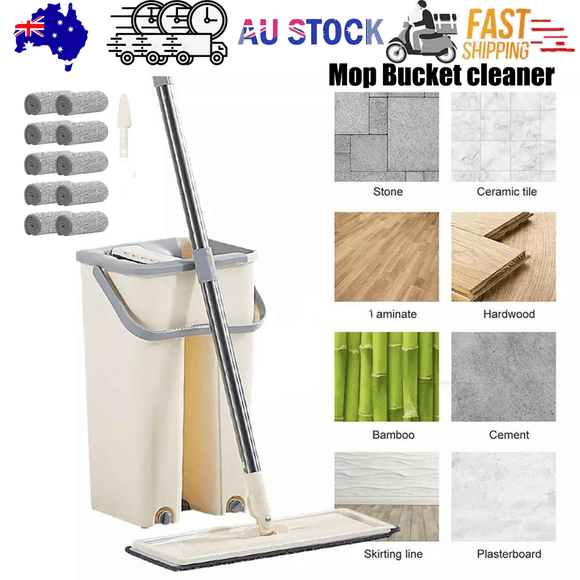Mop Bucket Wet Dry Rinse Wash 360 Rotating Squeeze Flat Floor Cleaner with Pads - RnR Galore